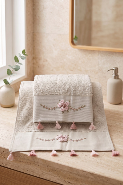 DNZGÜLCAN Tasseled and Embroidered Bath Towel Set |   70X140 cm Bath Towel, 5...