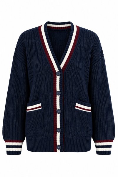 Laluvia Navy Blue - Burgundy Colored Pocket Cardigan - 2Y241143