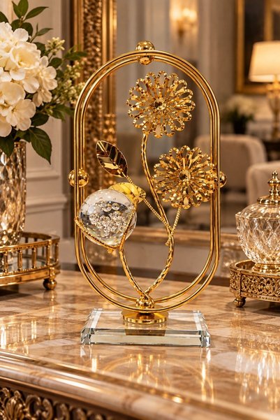 Lexi Bella Lüks Metal Çiçek Dekoru Kristal Küreli ve Kristal Tabanlı Gold Sal...