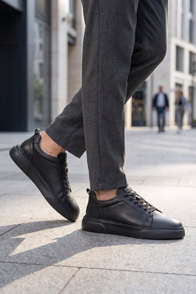 AYAKMOD Men's Lace-Up Thick Comfortable Sole Black Genuine Leather Casual Sneaker Shoes 272303