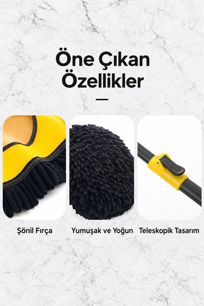 CONOCER 21 Derece Eğimli Alüminyum Teleskopik Saplı Mikrofiber Araç Yıkama Fırçası Döner Çizmez Oto Mop Fırça