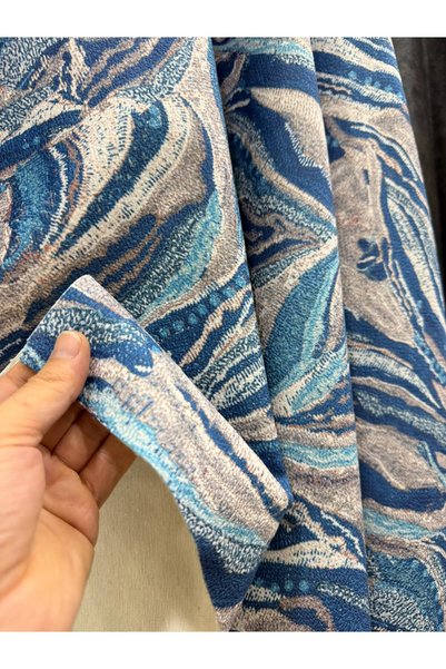 Enesar Home Döşemelik Kumaş Dijital Baskılı Mavi Gri Dalgalı Desenli