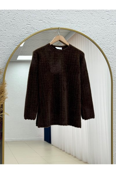 MİHRA STORE Seyran Fringe Detail Self-Patterned Knitwear Sweater-Kr6021 Brown