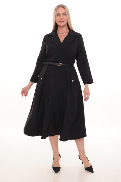 etselements Black Belt Detailed Double Breasted Collar Plus Size Dress