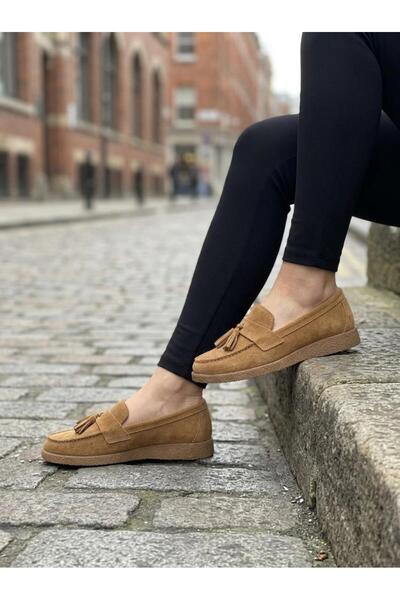 Diva Ayakkabı Tan Suede Leather Tasseled Women's Casual Shoes