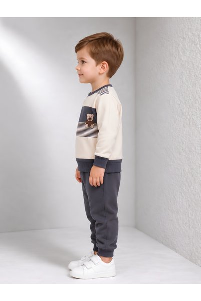 MİLANO KİDS Boy's Teddy Bear Printed Striped 100% Cotton Seasonal Sweatshirt and Sweatpants 2-Piece Set