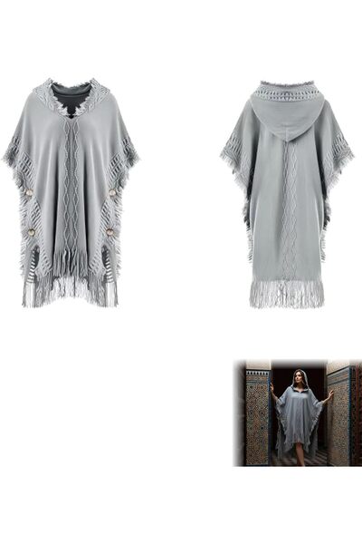 Generic Ponchos for Women, Hooded Knitted Cape with Buttons and Tassels, Ligh...