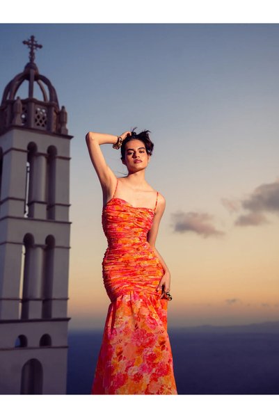 EVELEYA Φόρεμα Tangerine Paradise Maxi Με Σούρες Και Δετές Τιράντες - M