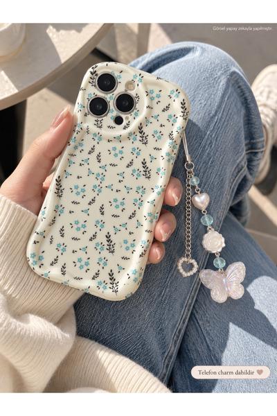 MİRAZ TASARIM iPhone 15 Pro Phone Charmli Blue Flower Pattern Ecru Case