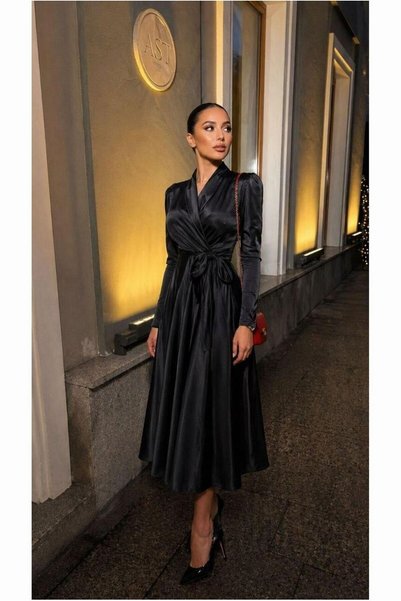 Butik Saten Yaka Elbise Kumaş Midi Abiye Kruvaze Kuşaklı