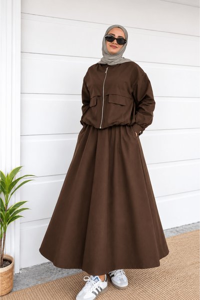 Hepsi Moda طقم تنورة باراشوت مع جيوب - 3217 - بني غامق