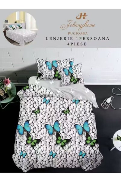 OEM Duvet Cover Set with blue and green butterflies on white pebbles, for Single