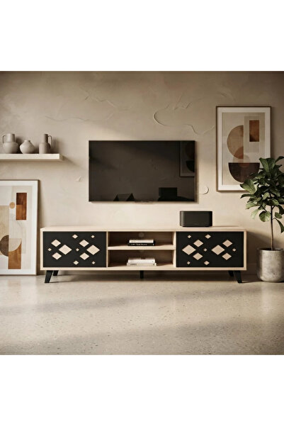 Generic طاولة بلازما خشب بتصميم عصري مودرن ــ أسود وبيج ــ 160×40×45 سم