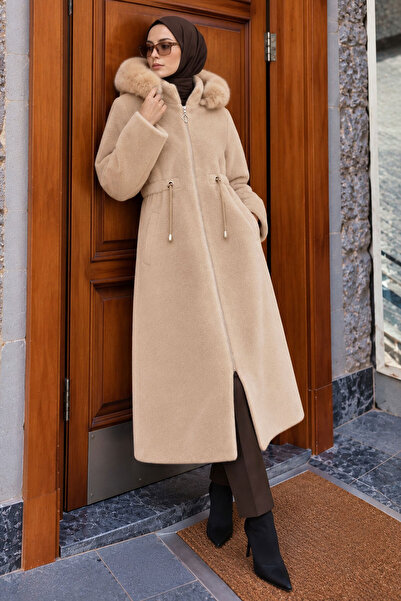 Tesettür Dünyası Detachable Hooded Fox Coat Tsd260328 Beige
