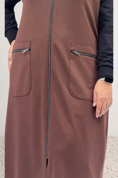 Eslina 64006 Large Size Zipper Detailed Modal Pocket Vest - Brown