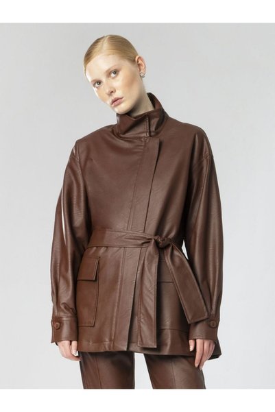 MOUTAKI Εco Leather Jacket Καφέ με Ζώνη - L/XL