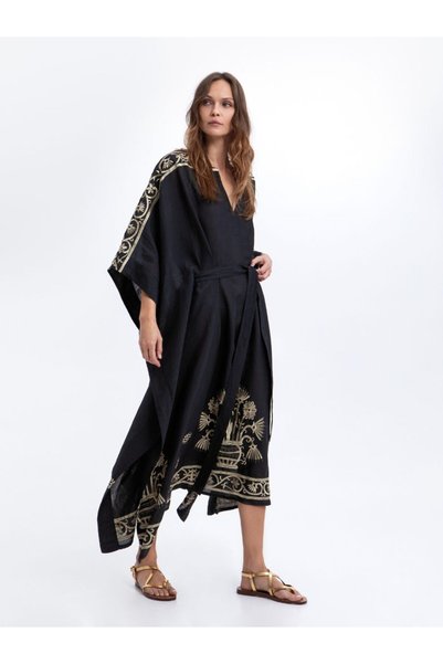 Greek Archaic Kori Kaftan Dress Long Crete Belt Ramie Μαύρο Χρυσό - S