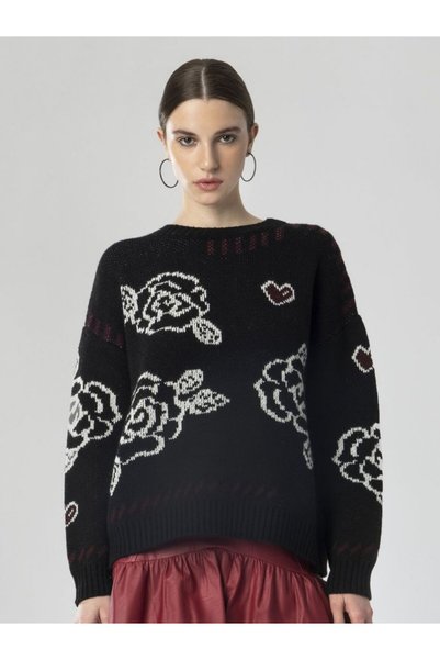 MOUTAKI Knitage Πλεκτή Μπλούζα Μαύρη με Floral Μοτίβο - O/S