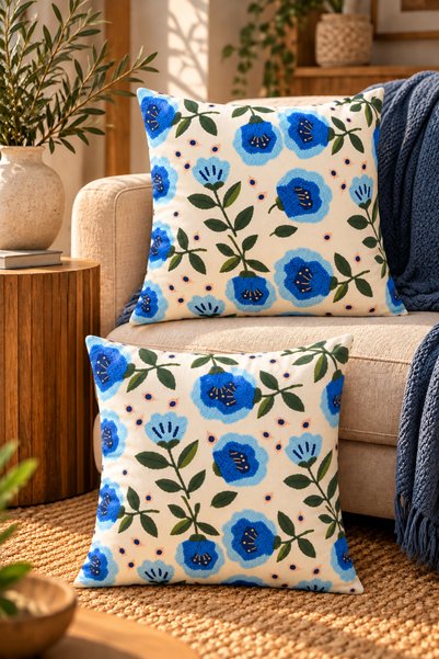 Bumedo Set of 2 Blue Floral Cushion Covers 43X43 Punch Effect Digital Printing Decorative Pillowcase Set