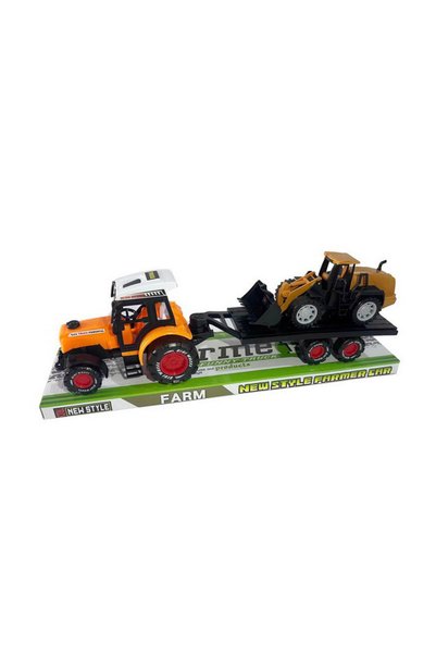 PlayFun Încărcător frontal cu cupă pe platformă trasă de un tractor portocali...