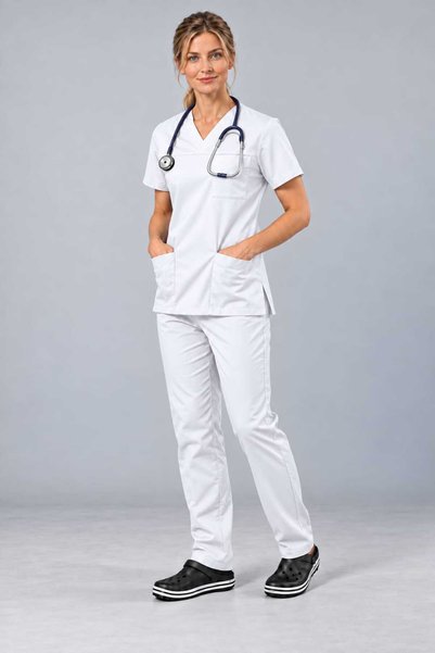 EMİR MEDİKAL (E-Flex) White Lycra Women's Iron-Free Fake Sleeve Nurse and Doctor Uniform Set Scrubs Hospital Uniform