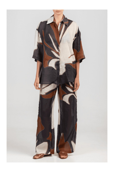 August Resortwear Ramie Oversized Πουκάμισο Καφέ/Μαύρο - S/M