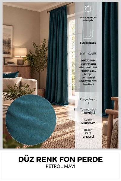 Perlife Gold ® Petrol Mavisi Fon Perde | Oda Karartıcı Güneşlik | Efektli Dok...