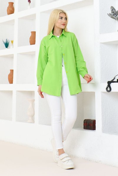 VOLNİX Women's Solid Color Linen Relaxed Fit Oversized Long Basic Green Shirt