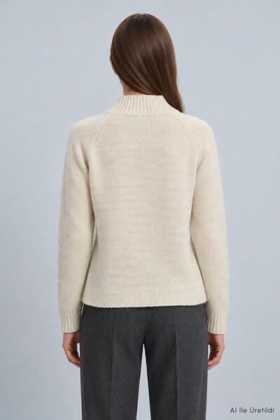 Rays Dik Yaka Örgülü Crop Kazak 2585 Ekru