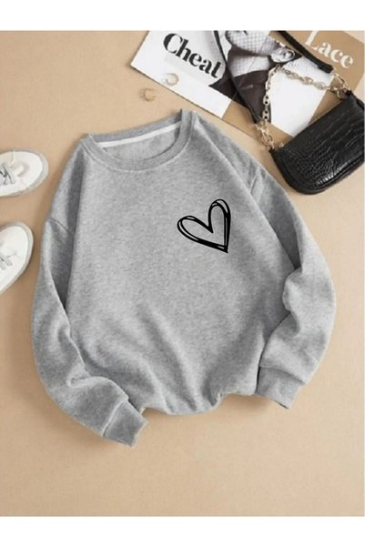 x-compass life Women's Minimal Heart Printed Crew Neck Winter Sweatshirt Oversize Relaxed Fit Casual Sweatshirt