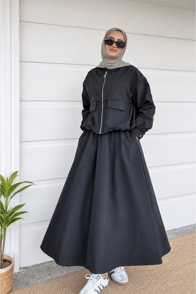 Hepsi Moda طقم تنورة باراشوت مع جيوب - 3217 - أسود