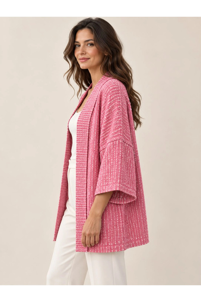 Tencelle Woman Women's Pink and White Patterned Shawl Collar Relaxed Fit Kimono Jacket