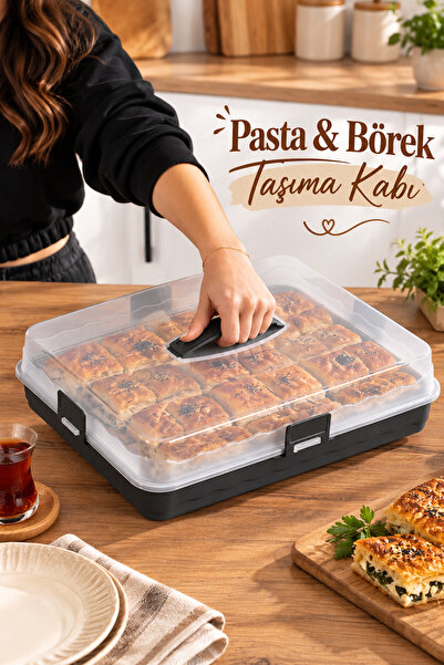 Porsima 0587 Kulplu Kilitli Pasta Ve Börek Taşıma Kabı - Dikdörtgen Kek, Poğaça, Kurabiye Saklama Ve Servis Kutusu (Antrasit / Şeffaf)