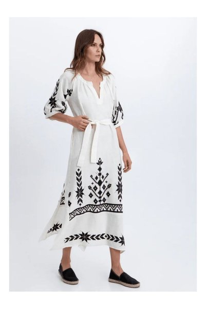 Greek Archaic Kori Linen Ios Φόρεμα Maxi 3/4 Μανίκι /Black - L
