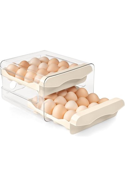 Generic حامل بيض بطبقتين للثلاجة، منظم أدراج لـ 32 بيضة مع مقبض، قابل للتكديس...