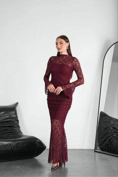 maf collection Rochie de seară pentru femei, bordeaux, cu decolteu tip bicicl...