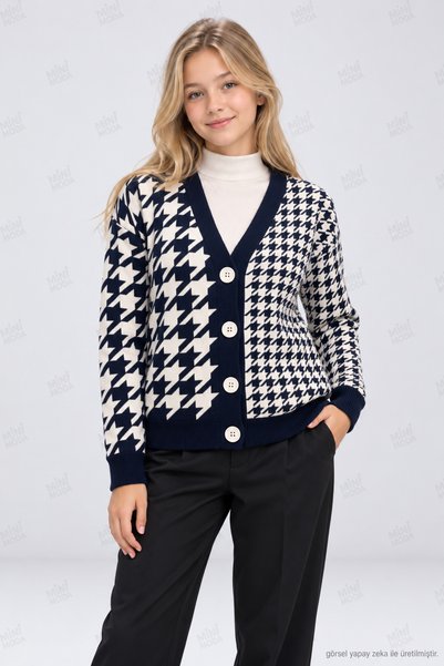 Minimoda Kids Girl's Houndstooth Patterned V-Neck Buttoned Knitwear Cardigan