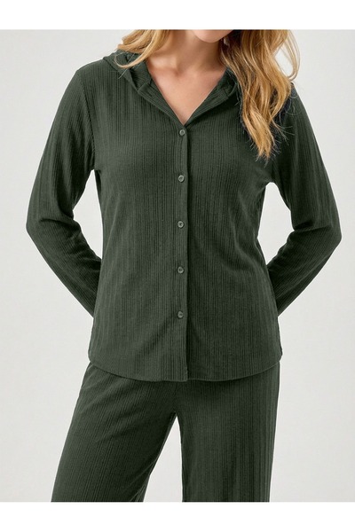 Mios Moda Khaki Soft Cotton Button Detailed Long Pajama Set