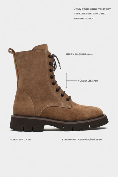 NİŞANTAŞI SHOES Tempest Desert K. Beige Suede Genuine Leather Lace-Up Zipper Detail Thick Sole Women's Boots
