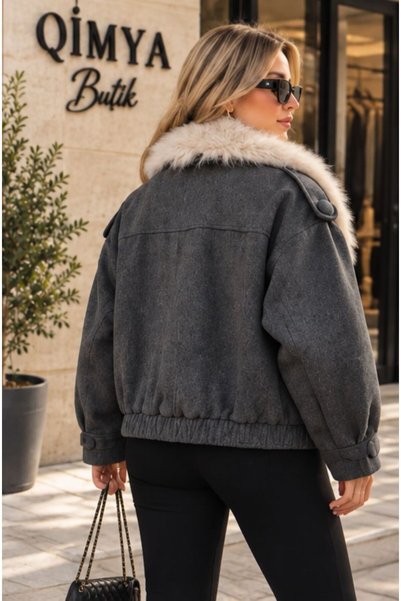 QİMYA BUTİK Levure Women's Double-Breasted Cashmere Coat with Fur Collar and Epaulettes, Elastic Waist