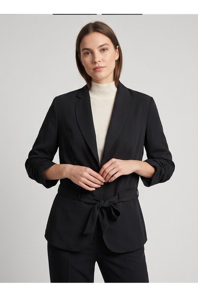 Herry Kadın Siyah Kemerli Kruvaze Yaka Ceket - Büzgü Kollu Şık Ofis Blazer