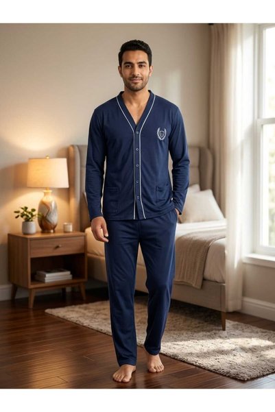 Asel Erkek Slim Fit Süprem Kumaş Boydan Düğmeli Uzun Kollu Pijama Takımı