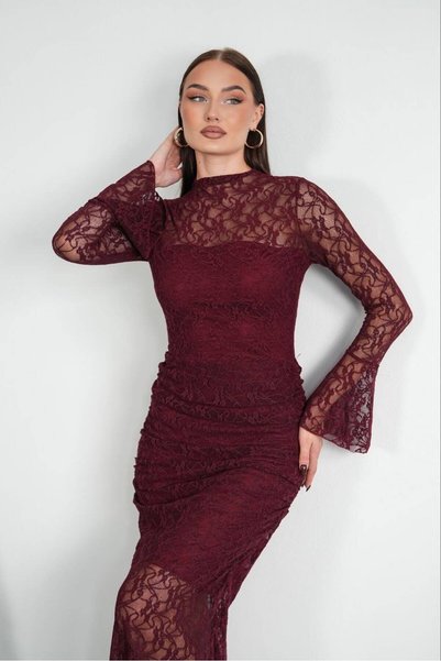 maf collection Women's Burgundy Crew Neck Spanish Sleeve Transparent Sleeve and Skirt Evening Dress Graduation Dress
