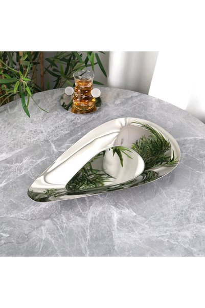 Generic Elegant Leaf-Shaped Stainless Steel Serving Plate - Silver - 45X23 cm