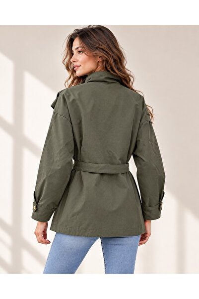 SEVENLINE Women's Khaki Belted Zippered Seasonal Jacket with Snap Detail and Stand Collar