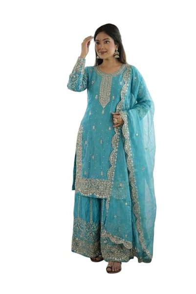 MYSMAR Blue Fendy Silk Embroidered Palazzo Set with Dupatta - HRT7819 | Blue-...