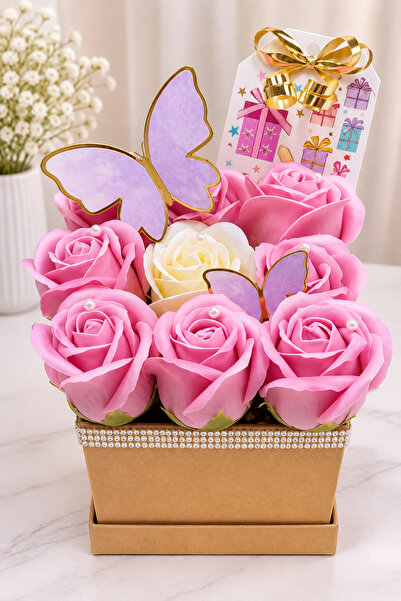 Generic Brand Gift Arrangement with Light Purple and White Soap Roses, Decora...