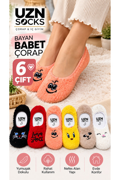 UZN SOCKS Kadın Peluş Babet Çorap 6 Çift Sevimli Figürlü Yumuşak Dokulu