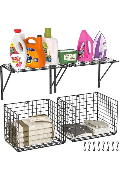 GENERAL 2 Pack Laundry Room Shelves, Wire Baskets with 8 Hooks, Over Washer a...