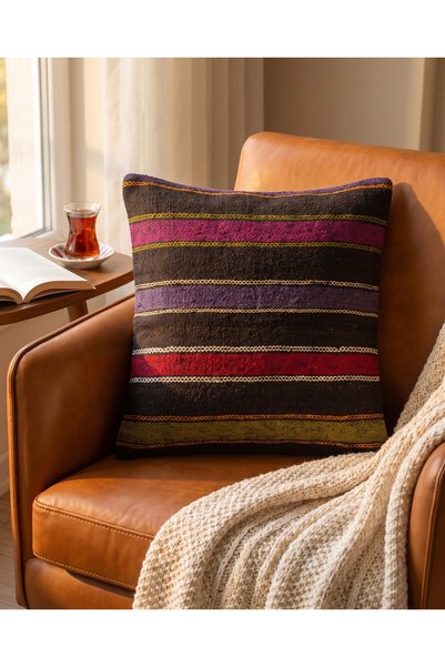 last icon Black Background Striped Kilim Cushion Cover 45X45 cm Purple Fuchsi...